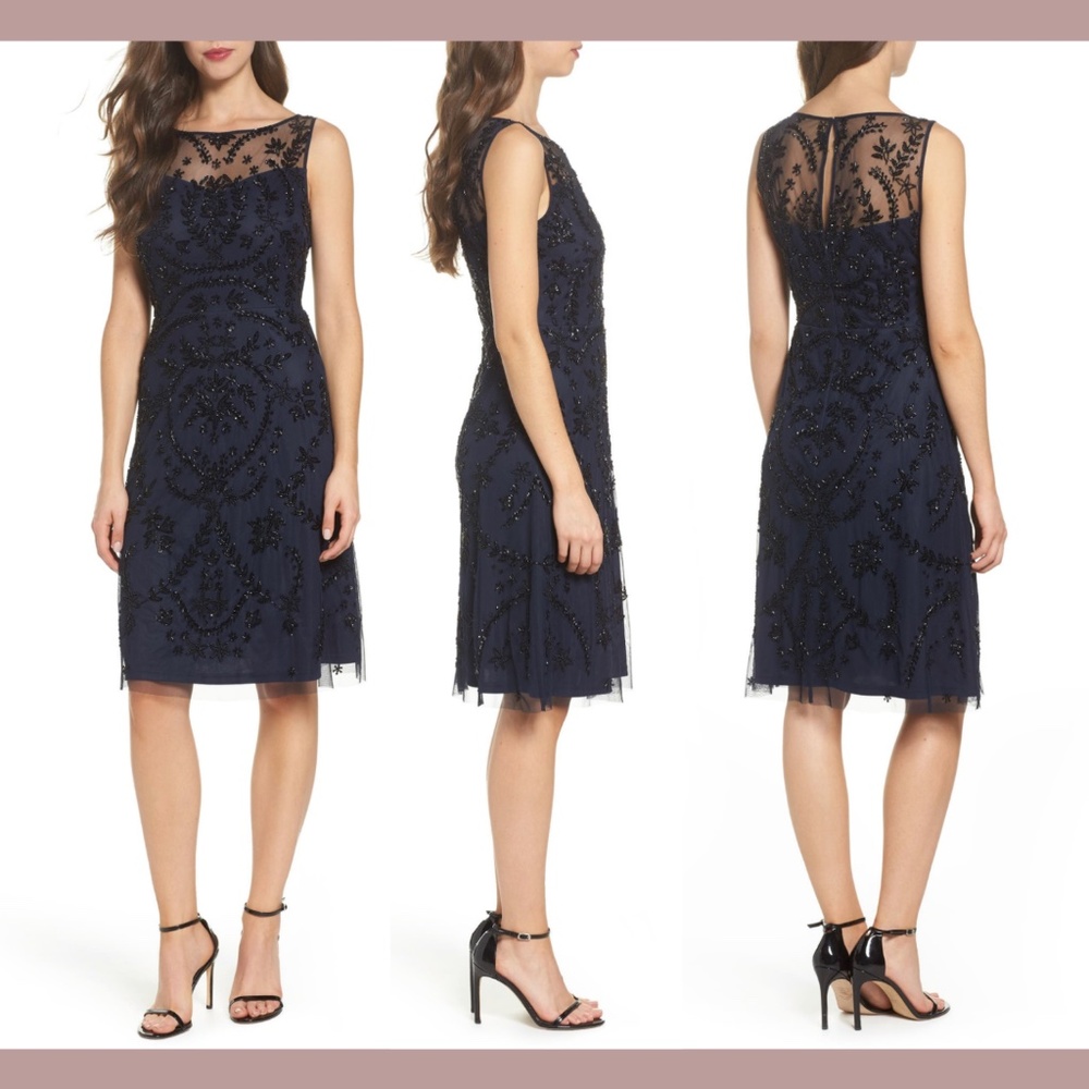 Adrianna Papell Navy Beaded Illusion Neck Sleeveless Cocktail Dress